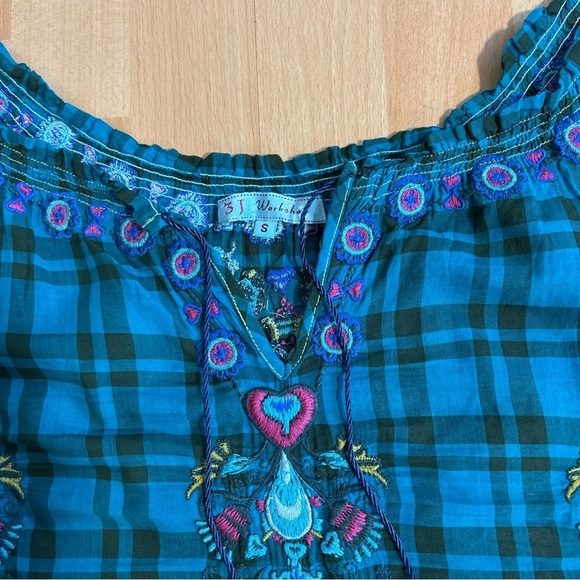 Johnny Was 3J Workshop Small Teal Plaid Embroidered Tunic Top Boho Hippie - Picture 8 of 11